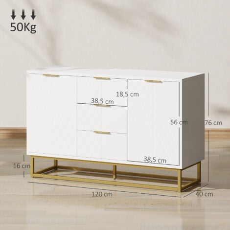 Buffet design contemporain graphique 2 placards porte étagères réglables 3 tiroirs coulissants MDF blanc métal doré
