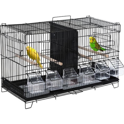 PawHut Cage à oiseaux dim. 59,5L x 29,8I x 35,3H cm mangeoires perchoirs 4  portes plateau excrément amovible + poignée transport métal PP noir