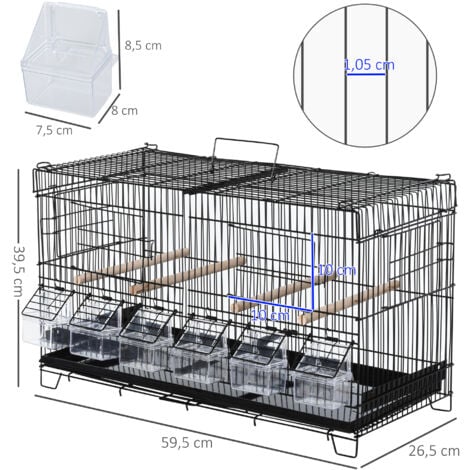PawHut Cage à oiseaux dim. 59,5L x 29,8I x 35,3H cm mangeoires perchoirs 4 portes plateau excrément amovible + poignée transport métal PP noir