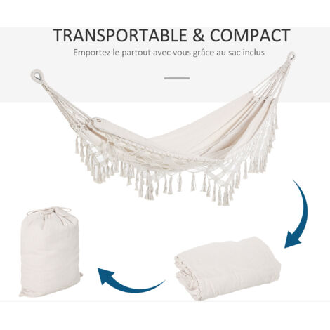 Hamac Portable Style Bohème - 288x150 Cm - Coton/polyester Beige Avec Franges - Sac De Transport Inclus