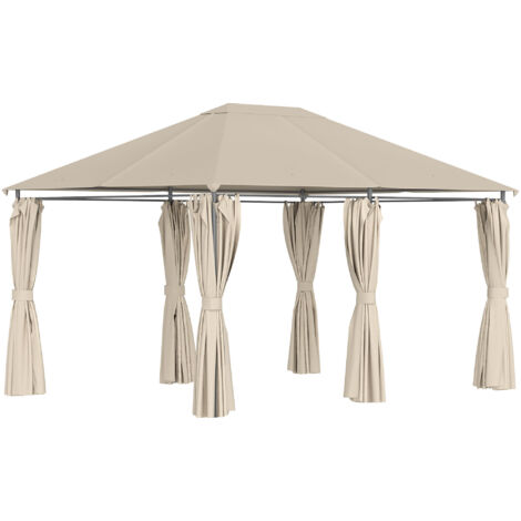 Tonnelle barnum pavillon de jardin style colonial double toit toiles latérales amovibles taupe