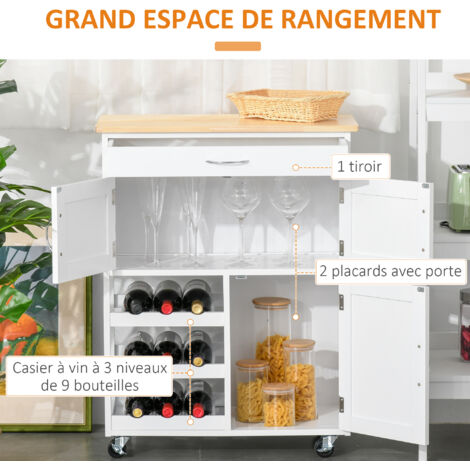 Desserte Cuisine HOMCOM - 2 Placards Tiroir Casier à Bouteilles MDF Blanc
