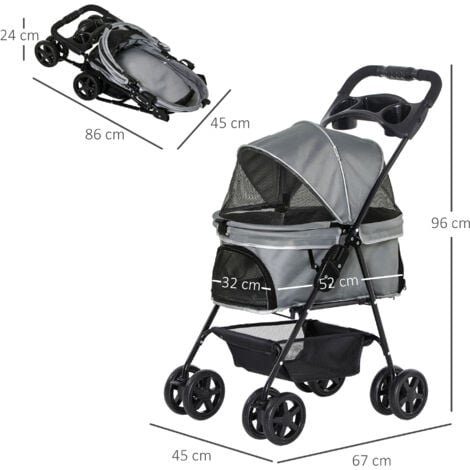 Poussette buggy pliable chien chat panier rangement porte-gobelets tissu 300D Oxford imperméable 4 roues gris