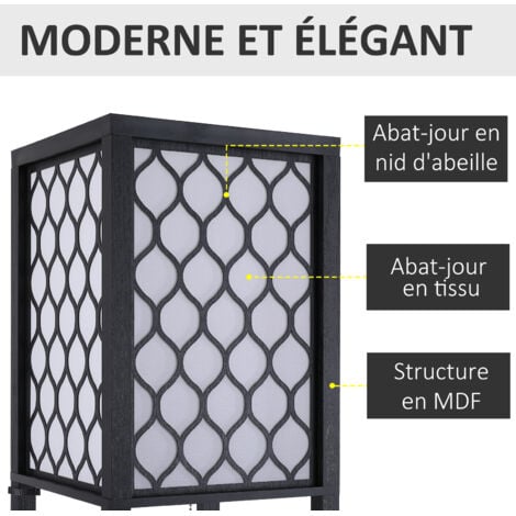 Lampadaire étagère lampe étagère 26L x 26l x 160H cm 3 étagères 4 niveaux MDF noir motif nid d'abeille