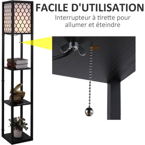 Lampadaire étagère lampe étagère 26L x 26l x 160H cm 3 étagères 4 niveaux MDF noir motif nid d'abeille