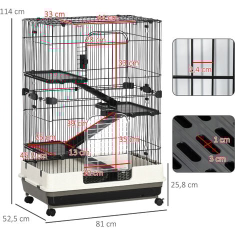 PawHut Cage pour cochons d'Inde chinchilla rongeur sur roulettes - 3 étages, rampes, 2 portes + trappe, plateau excrément amovible - métal PP noir gris