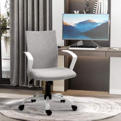 Chaise de bureau ergonomique hauteur réglable pivotante 360° piètement acier blanc lin gris clair