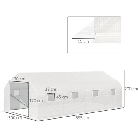 Serre tunnel de jardin dim. 5,93L x 3l x 2H m porte + 8 fenêtres enroulables acier galvanisé bâche PE haute densité blanc