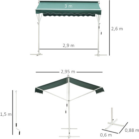 Store double pente manuel rétractable inclinaison réglable métal polyester imperméabilisé 3L x 2,95l x 2,6H m vert