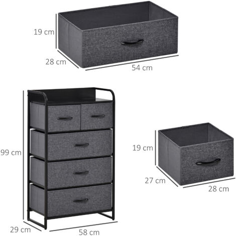 Commode meuble de rangement 5 tiroirs pliables en tissu 58 x 29 x 99 cm gris