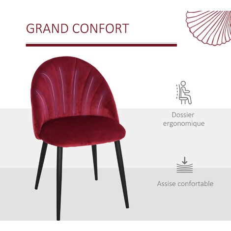 Lot de 2 chaises velours bordeaux pieds métal noir dim. 52L x 54l x 79H cm