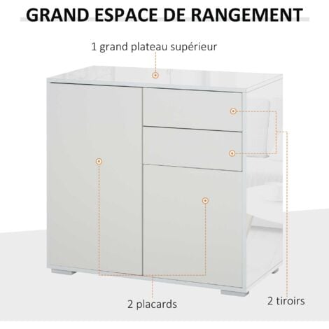 Commode buffet meuble de rangement 2 tiroirs 2 portes avec étagère 79 x 36 x 74 cm blanc