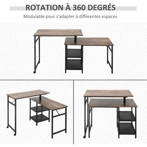 Bureau informatique design industriel modulable bureau d'angle 2 étagères aspect vieux bois métal noir