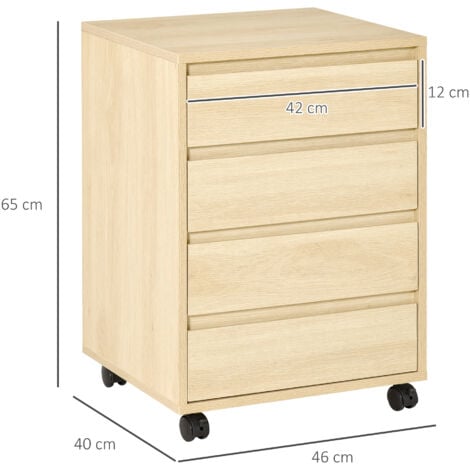 Caisson de bureau rangement bureau sur roulettes 4 tiroirs coulissants MDF aspect bois clair