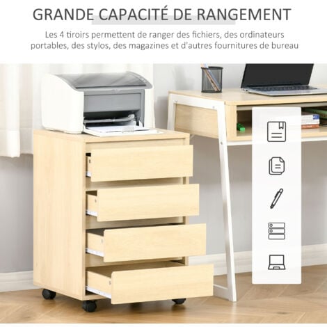 Caisson de bureau rangement bureau sur roulettes 4 tiroirs coulissants MDF aspect bois clair