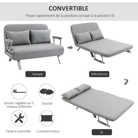 Canapé-lit canapé convertible 2 places déhoussable grand confort 2 coussins fournis pieds accoudoirs métal suède gris clair