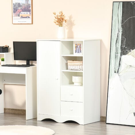 Armoire - meuble multi-rangements - placard porte 5 étagères, 3 niches, 2 tiroirs - panneaux de particules blanc