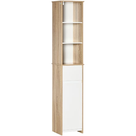 KLEANKIN Meuble colonne rangement salle de bain style cosy 3 niches tiroir  placard avec étagère blanc aspect chêne clair pas cher 