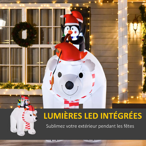 Ours polaire gonflable de Noël décoration gonflable LED de Noël 2,06H m  lumières LED 2 pingouins blanc