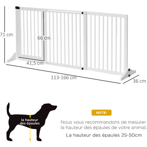 Barrière de sécurité chien barrière autoportante longueur réglable porte  verrouillable intégrée dim. 113-166L x 36l x 71H cm sapin blanc
