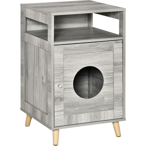 Maison de toilette pour chat espace de rangement porte magnétique pieds bois de pin dim. 48L x 53l x 79H cm aspect bois gris