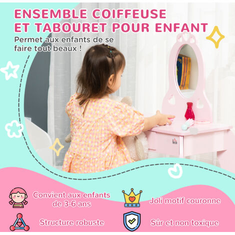 Coiffeuse Enfant HOMCOM Rose Avec Miroir Et Tabouret - 60x36x88cm - MDF - Motifs Cœur - Pour Fille 3-6 Ans