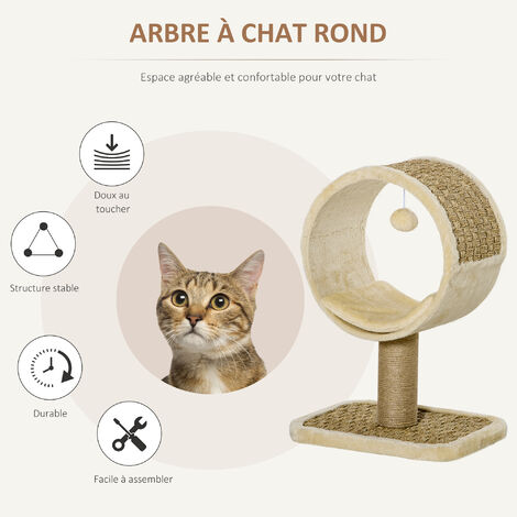 PawHut Arbre à chat grattoir design avec jeu 2 pompons suspendus 2 poteaux  sisal plateforme peluche sisal 48 x 38 x 42 cm beige