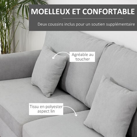 Canapé 2 places grand confort coussin déco. Inclus tissu lin gris clair