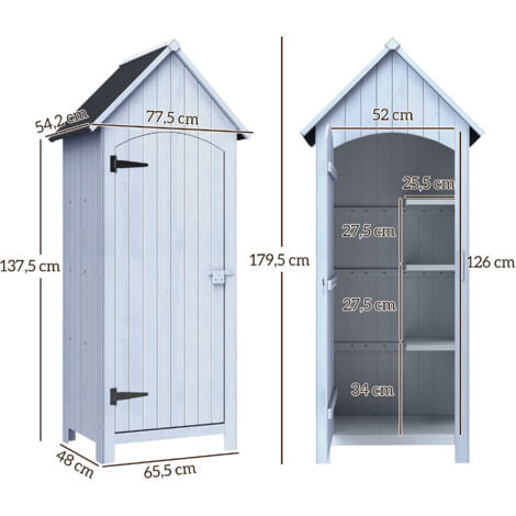 Armoire abri de jardin remise pour outils 3 étagères porte loquet toit pente bitumé dim. 77L x 54l x 179H cm bois sapin pré-huilé blanc