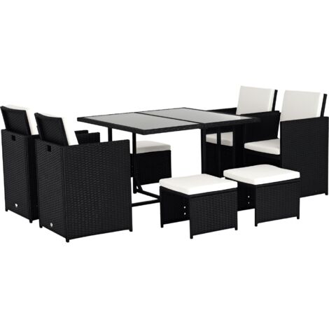 Outsunny – Ensemble salon de jardin encastrable 8 personnes – 9 pièces en résine tressée imitation rotin noir – Coussins déhoussables crème – Table 109x109cm (1/5)