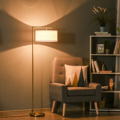 Lampadaire design néo-rétro max. 40 W 153H cm abat-jour circulaire aspect lin blanc piètement structure métal doré