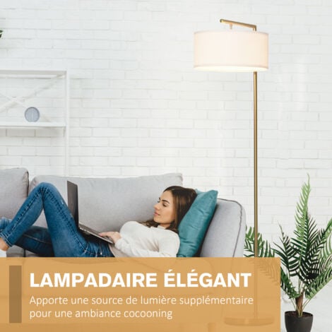 Lampadaire design néo-rétro max. 40 W 153H cm abat-jour circulaire aspect lin blanc piètement structure métal doré