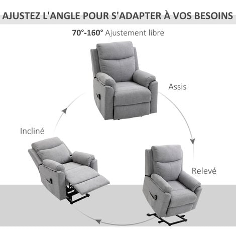 Fauteuil de relaxation électrique - fauteuil releveur inclinable avec repose-pied ajustable et télécommande - tissu polyester aspect lin gris clair chiné
