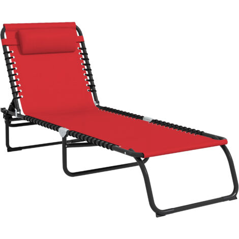 Bain de soleil transat pliable dossier inclinable multi-positions acier thermoplastique lacets élastiques noir textilène rouge (1/5)