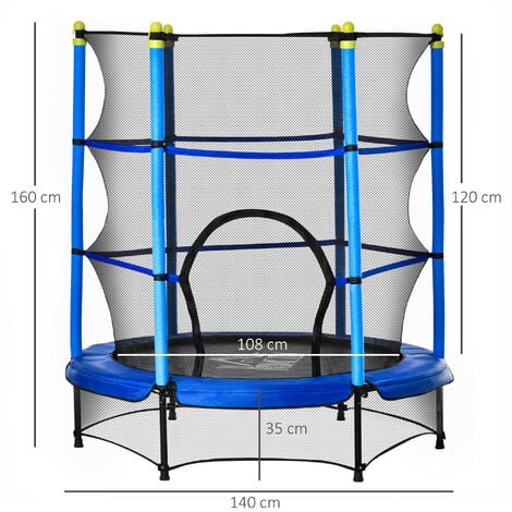 Trampoline enfant Ø 1,40 × 1,60H m filet de sécurité porte zipée couvre-ressorts 6 poteaux rembourrés inclus bleu