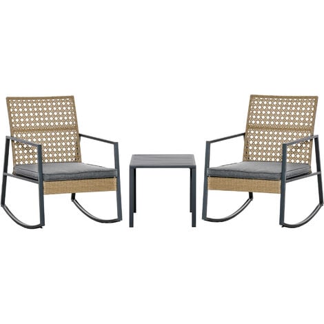 Outsunny Ensemble de jardin 3 pièces style colonial 2 fauteuils à bascule avec coussins assise gris table basse métal époxy résine tressée beige