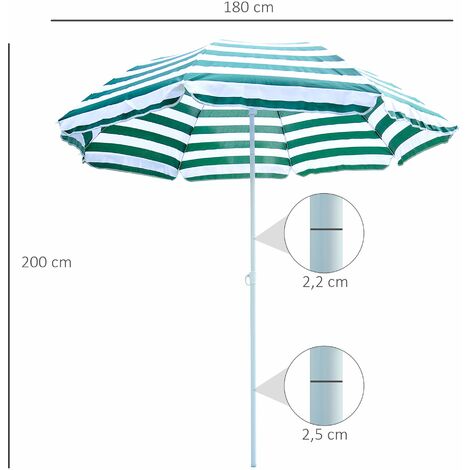 Parasol inclinable octogonal de plage Ø 180 cm tissu polyester haute densité anti-UV mât démontable vert blanc rayé