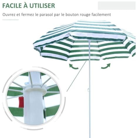 Parasol inclinable octogonal de plage Ø 180 cm tissu polyester haute densité anti-UV mât démontable vert blanc rayé