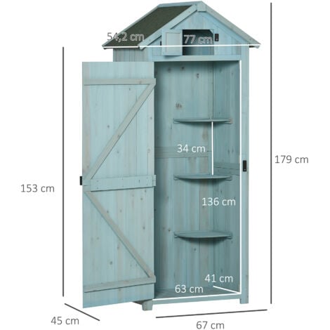Armoire abri de jardin remise pour outils 3 étagères 2 portes loquets toit pente bitumé 77L x 54l x 179H cm sapin traité bleu