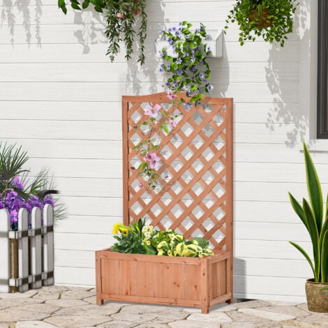 Jardinière avec treillis - bac à fleurs - jardinière sur pied - dim. 70L x 28l x 117H cm - fond à lattes - bois sapin pré-huilé