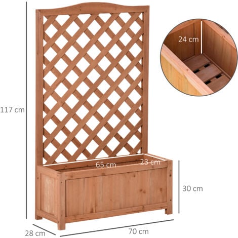 Jardinière avec treillis - bac à fleurs - jardinière sur pied - dim. 70L x 28l x 117H cm - fond à lattes - bois sapin pré-huilé