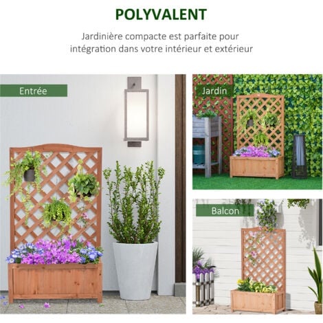 Jardinière avec treillis - bac à fleurs - jardinière sur pied - dim. 70L x 28l x 117H cm - fond à lattes - bois sapin pré-huilé