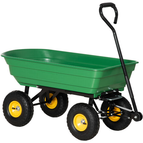 Chariot de jardin à main benne basculante 75° 75L charge max. 200 Kg 4  roues pneumatiques acier PP jaune vert