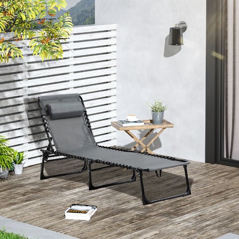 Bain de soleil transat pliable avec poignée - dossier inclinable multi-positions, pochette, tétière - acier époxy noir lacets élastiques textilène gris