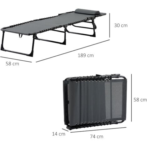 Bain de soleil transat pliable avec poignée - dossier inclinable multi-positions, pochette, tétière - acier époxy noir lacets élastiques textilène gris