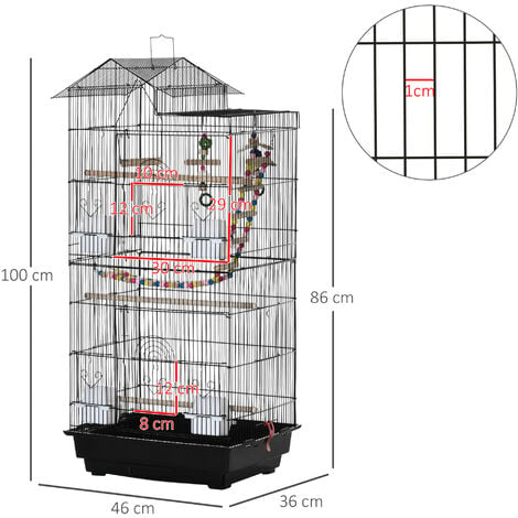 Cage à oiseaux mangeoires perchoirs 4 portes plateau excrément poignée  métal PP noir