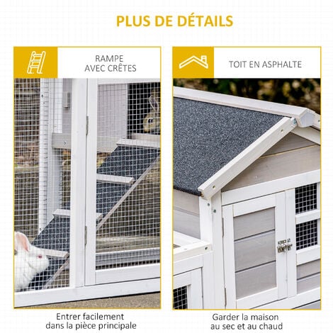 Clapier cage à lapins cottage - niche supérieure avec rampe et enclos extérieur - plateau excrément, toit bitumé, 4 portes verrouillables - bois sapin blanc gris