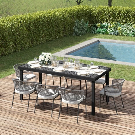 Table de jardin rectangulaire pour 8 personnes en aluminium plateau PE à lattes aspect bois dim. 190L x 90l x 74H cm noir