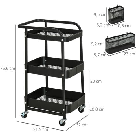 Desserte chariot de rangement en métal à roulettes 3 niveaux avec 2 range-couverts 4 crochets dim.51,5L x 32l x 75,6H cm - noir