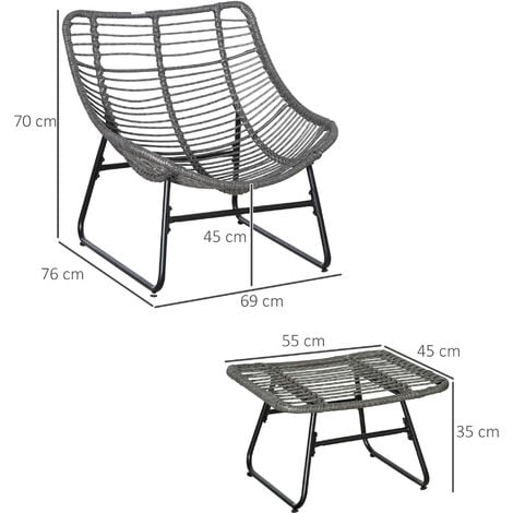 Fauteuil de jardin avec repose-pieds - 2 coussins polyester inclus - métal époxy résine tressée aspect rotin gris